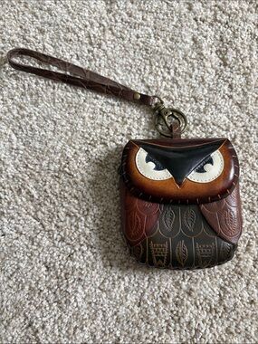 Brown Owl Wristlet Coin Purse - Leather